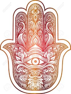 Indian hand Hamsa or hand of Fatima with third eye,good luck charm, hand drawn mehendi zentangle boho chic line art vector illustration. Esoteric spiritual ethnic mascot.Tattoo,coloring,t-shirt design